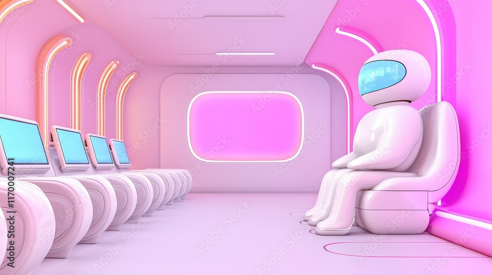 Aufkleber futuristic workspace with robot figure and neon lights in a minimalist design environment