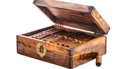 Open Wooden Humidor Filled with Cigars on transparent background.PNG