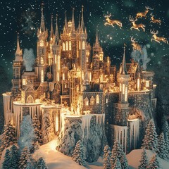 Fototapeta premium A 3D rendering of a magical Christmas castle with sparkling icicles, glowing windows, and flying reindeer circling above.