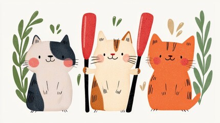 Cute Cartoon Cats Holding Paddles Surrounded by Greenery for Fun and Playful Illustrations