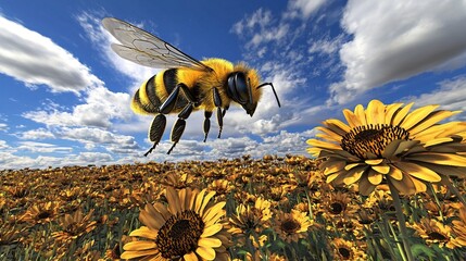 Honeybee flying toward sunflowers, sunny field