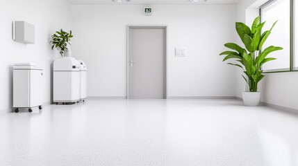 Bright and Modern Medical Clinic Interior with White Equipment and Lush Green Plant