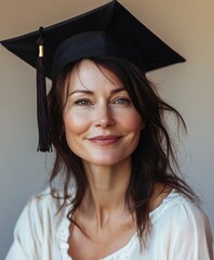 A radiant American woman in a graduation cap, her cheerful expression sharply captured, highlighted by warm, balanced lighting on a soft cream backdrop with a shallow depth of field