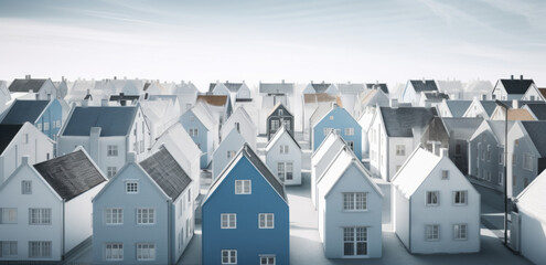 	
A small model of houses in blue and white colors. Real estate market growth	
