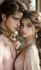 Close-up romantic couple in elegant pastel outfits, close embrace, soft lighting,  romantic,  love,  