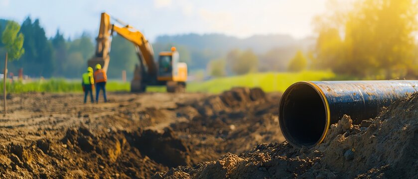 Construction site with excavator and workers, focus on pipeline installation at sunset.
