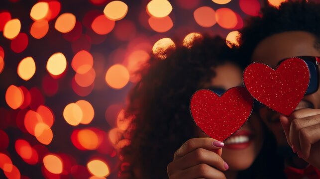 Couple celebrating love with glitter hearts, joyful moment in a festive atmosphere with bokeh lights.