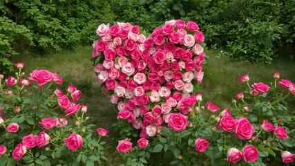 Fototapeta premium A big heart create with roses in the countryside with roses