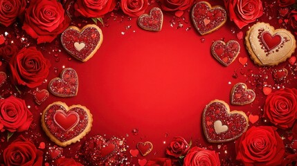 A romantic Valentine's Day design featuring red roses, heart-themed cookies, and sparkly hearts surrounding a blank red background, perfect for adding text or designs