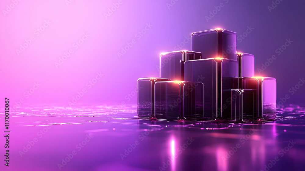 Poster futuristic geometric shapes illuminated by purple light on a reflective surface