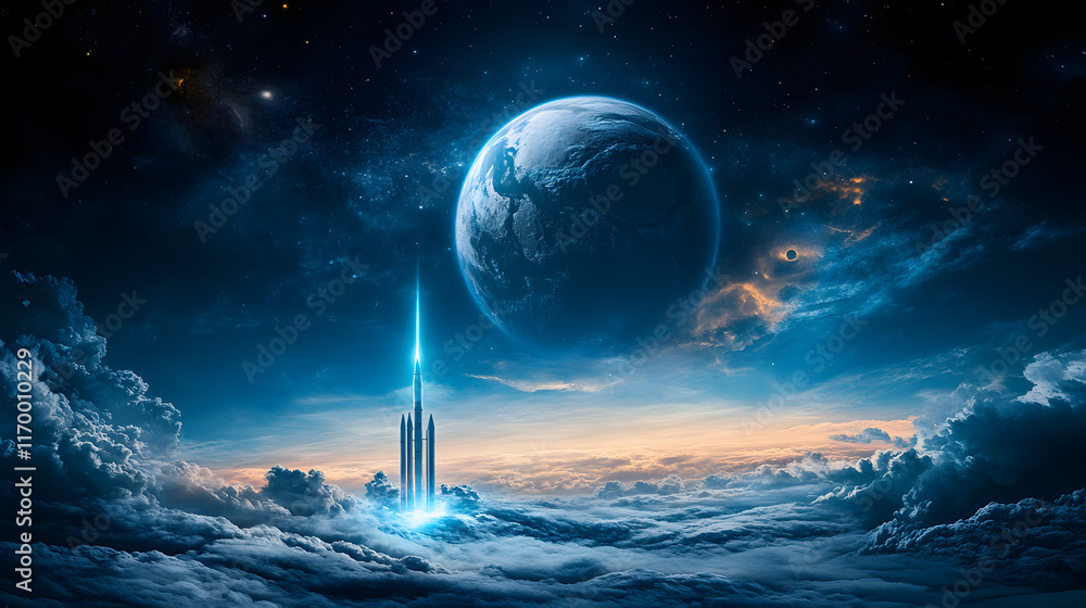 Poster a futuristic tower reaching into a vibrant space scene with earth above and clouds below