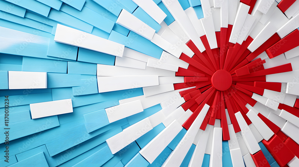 Poster Colorful abstract design featuring red and blue shapes radiating from a central circular element