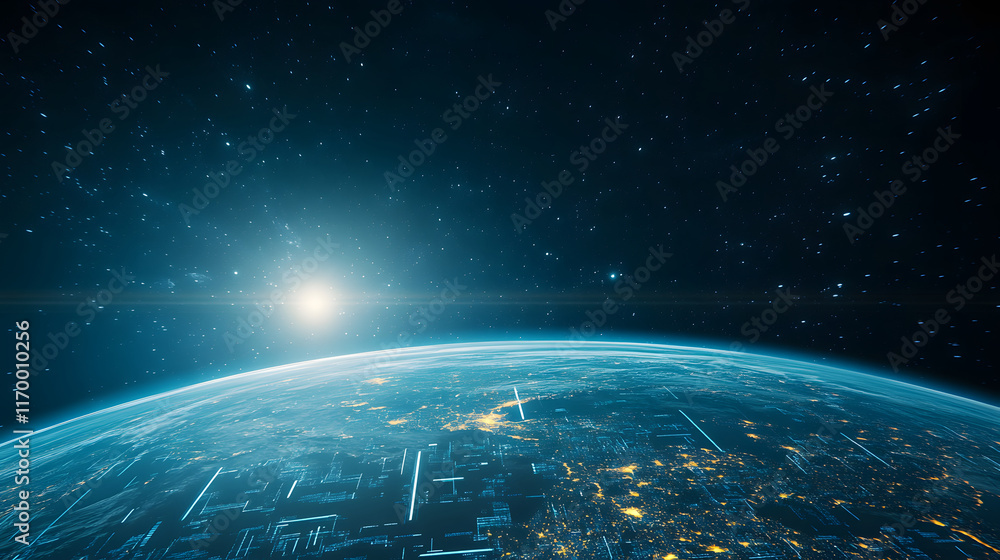 Poster a stunning view of earth from space, illuminated by the sun with stars scattered in the background