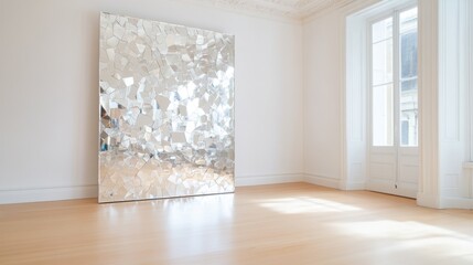 Fototapeta premium Abstract mirror art in minimalist room with natural light and wooden floor