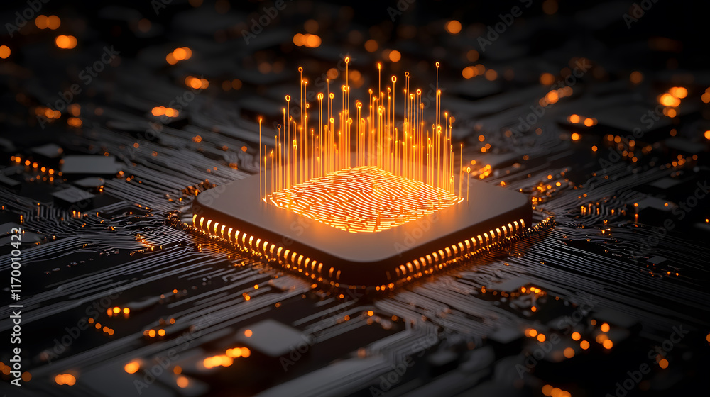 Aufkleber high-tech microchip emitting vibrant orange light on a circuit board
