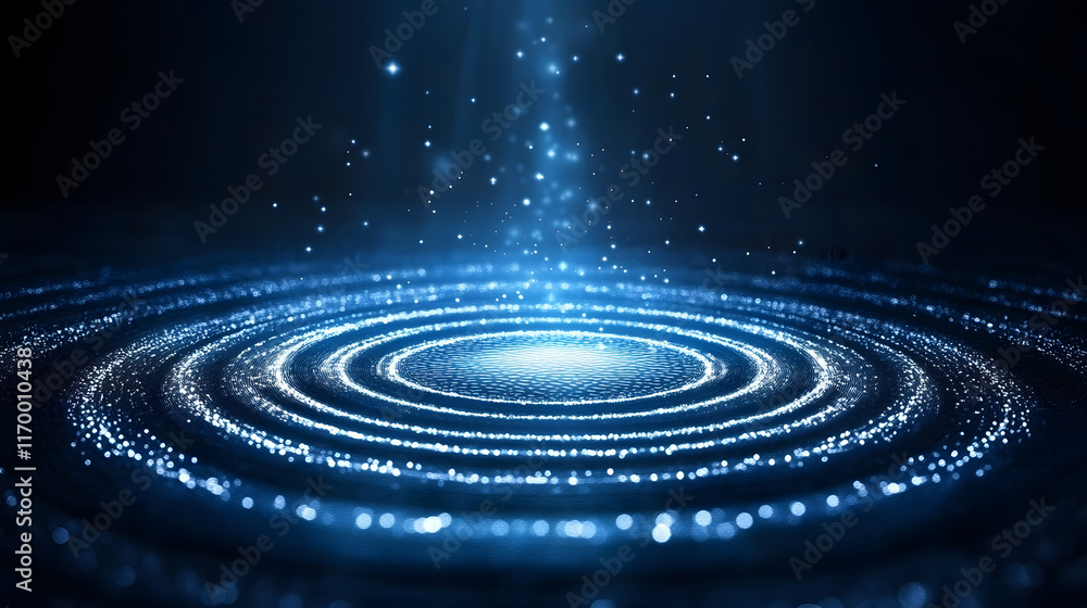 Poster glowing blue particles create mesmerizing ripples in a dark space
