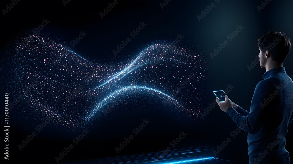 Aufkleber A person interacts with a digital display of glowing particles in a dark environment