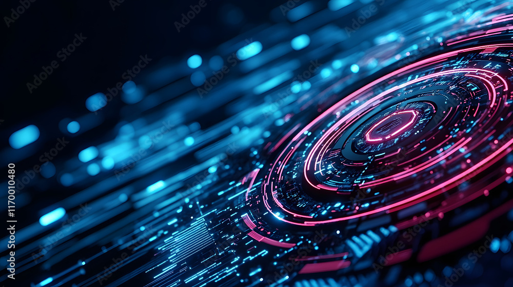 Poster futuristic abstract background with glowing blue and red circular patterns
