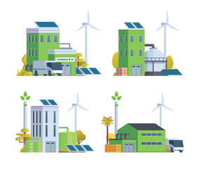 Sustainable Green Factory illustration. Vector bundle with Renewable Energy. Vector elements for city and industry illustration	
