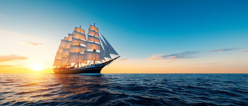 A majestic sailing ship navigating the ocean at sunset, embodying adventure and exploration.