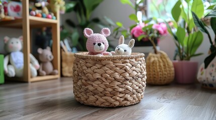 Two crocheted stuffed animals, a bear and a llama, peek from a woven basket on a wood floor among houseplants and other toys.