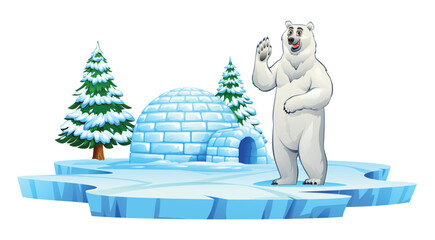 Polar bear waving near an igloo and snow covered pine trees on an icy platform. Vector cartoon illustration © YG Studio