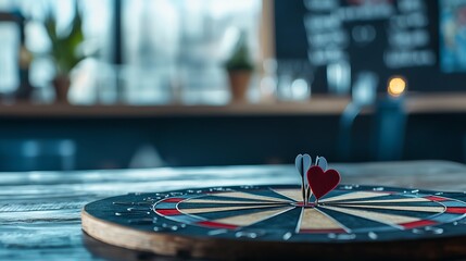 A close-up of a dartboard with a heart-shaped target, symbolizing love and competition in a cozy bar setting.