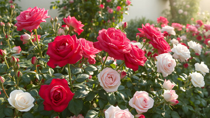 Rose garden with red and white roses in the morning sun after the rain, hyper realistic, detailed, 8k, sharp