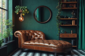 Brown leather chaise lounge with industrial-style shelf, green curtains, black-and-white checkered floor, large round mirror, emerald lamp, gold accent lamp, metal vine pendant light.