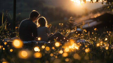 A romantic moment between a couple enjoying a sunset in a serene outdoor setting, surrounded by glowing bokeh lights.