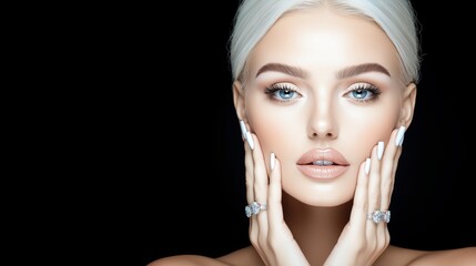 Elegant beauty portrait of a woman with flawless skin and diamond rings on black background