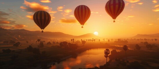 Fototapeta premium Hot Air Balloons Soaring Over a Misty Sunset Landscape