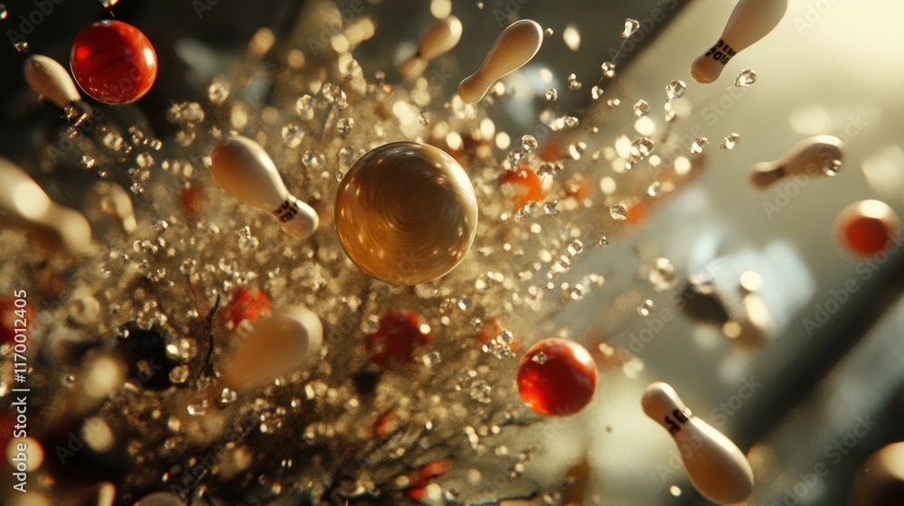 Poster bowling ball and pins exploding in water splash, dynamic action shot.