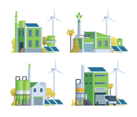 Sustainable Green Factory illustration. Vector bundle with Renewable Energy. Vector elements for city and industry illustration	
