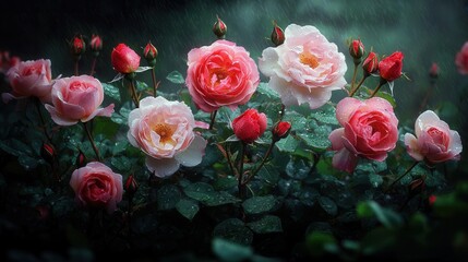 Vibrant pink roses in bloom under rainfall highlighting nature's beauty