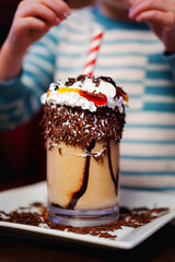 Ice Cream Float Milkshake, Chocolate Drizzle, Whipped Cream, Sprinkles, Candy Gummy