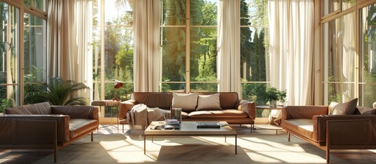 Fototapeta premium Modern Living Room with Natural Light and Leather Couches