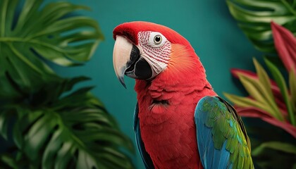 Obraz premium A vibrant parrot with red and blue feathers stands against a tropical backdrop of green leaves, showcasing its striking colors and captivating presence.