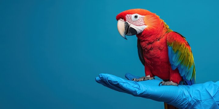 A vibrant parrot perched on a gloved hand against a bright blue background, showcasing its striking red and green plumage.