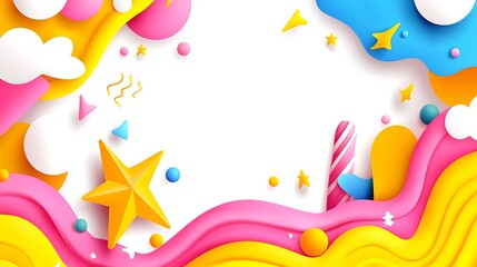 Fototapeta premium Colorful abstract background with stars, clouds, and wavy shapes.