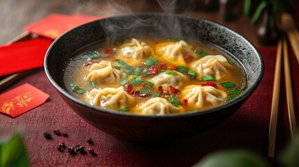 Savoring Wonton Soup Table Setting Food Photography Cozy Atmosphere Festive Vibe Chinese New Year Celebration
