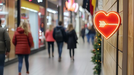 Fototapeta premium People walking in a mall with a glowing heart-shaped neon sign. Vibrant atmosphere and holiday decorations enhance the experience.