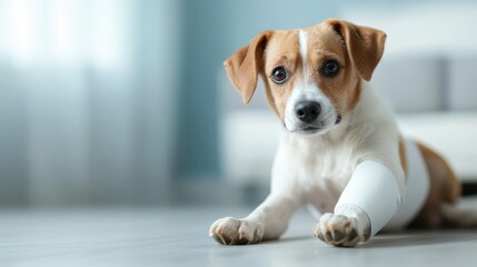 A small dog with a bandaged leg lies on a light floor, looking curiously at the camera in a softly lit room.