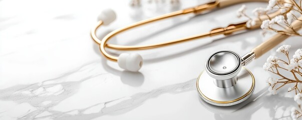 A stethoscope rests on a marble surface, accompanied by delicate floral elements, symbolizing health and care.