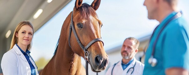 A veterinarian examines a horse with a team of professionals in a clinical setting, showcasing care and expertise in animal health.