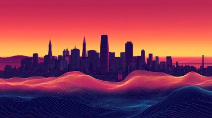 A vibrant neural network gradient spreading across a clear view of San Francisco's skyline, evoking innovation and AI advancement