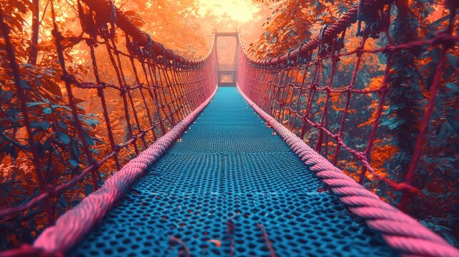 Fototapeta Suspension bridge with vibrant blue walkway and pink ropes stretching through a tropical forest, surrounded by vivid orange foliage under warm sunlight.