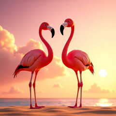 Fototapeta premium Two Pink Flamingos At Sunset