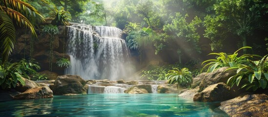 Fototapeta premium Tranquil Waterfall in a Lush Rainforest
