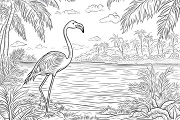 Fototapeta premium Flamingo by Tropical Beach Scene